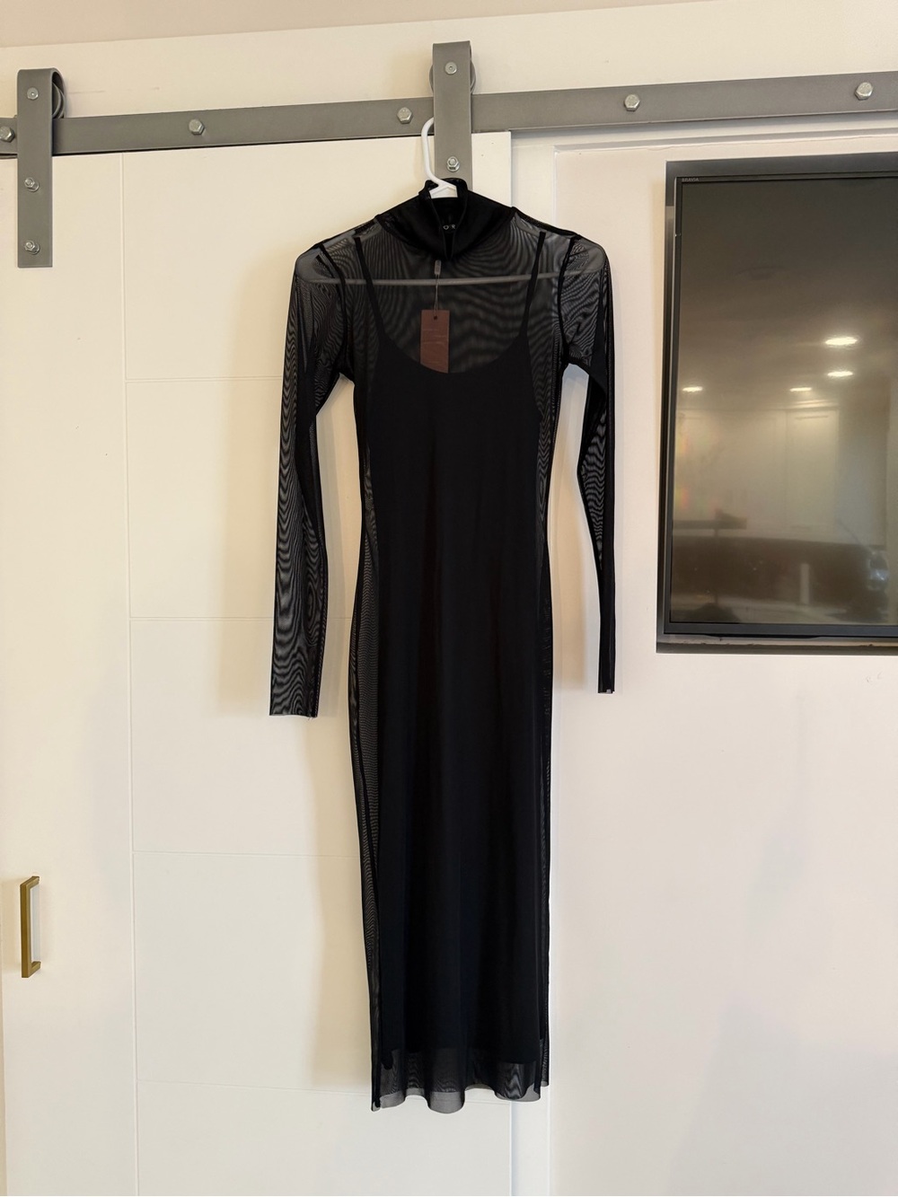Miss Lola Black Long Sleeve Sheer Overlay Midi Dress